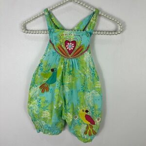 DPAM 2T  Green Parrot Embroidered Romper Boho Tropical Resort Whimsical